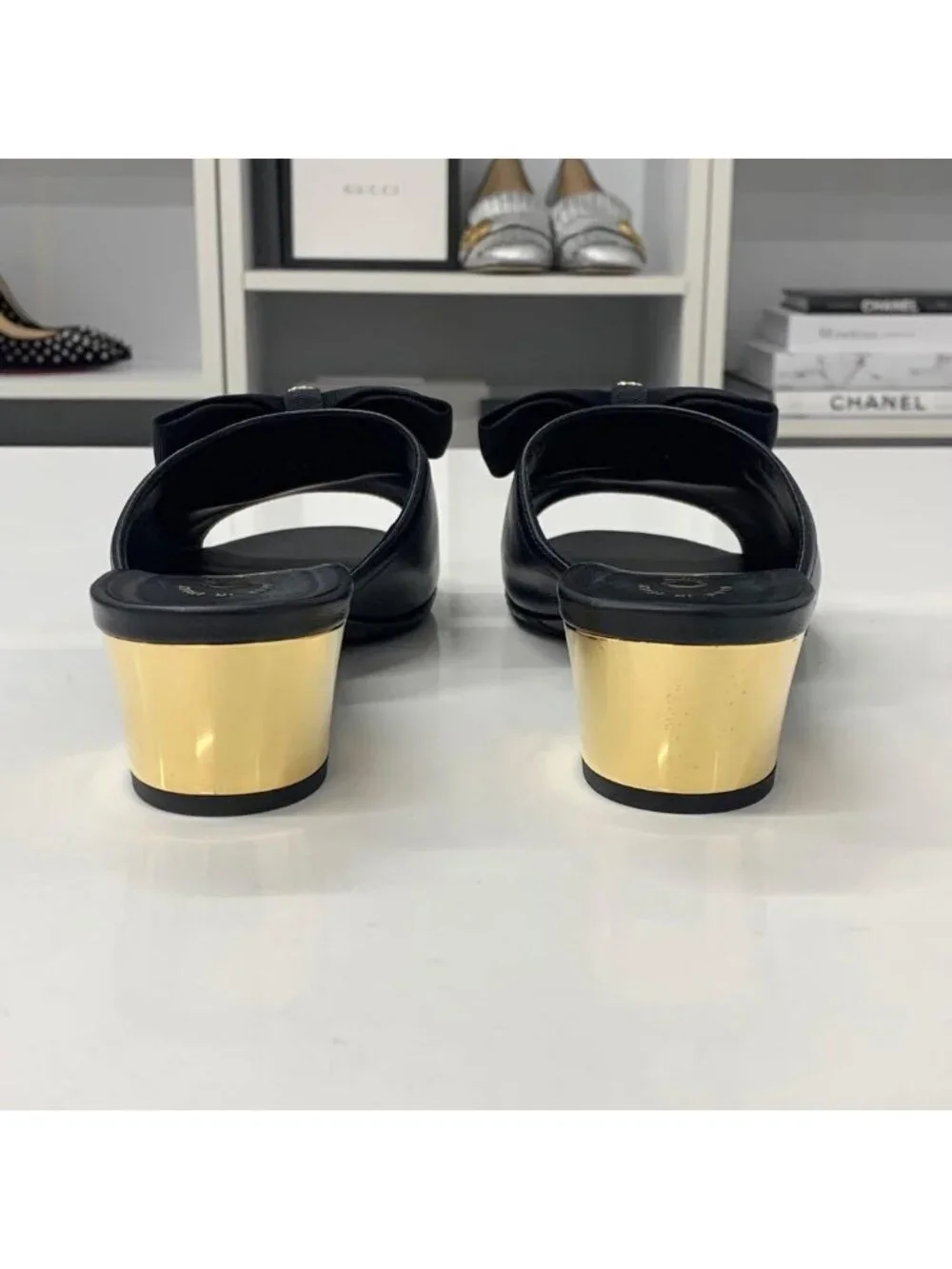 Chanel CC Logo Leather Ribbon Sandals Black